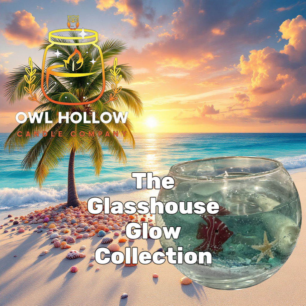 Glass fishbowl candle with aqua gel wax, decorative fish, seashells, and a starfish against a beach sunset backdrop.