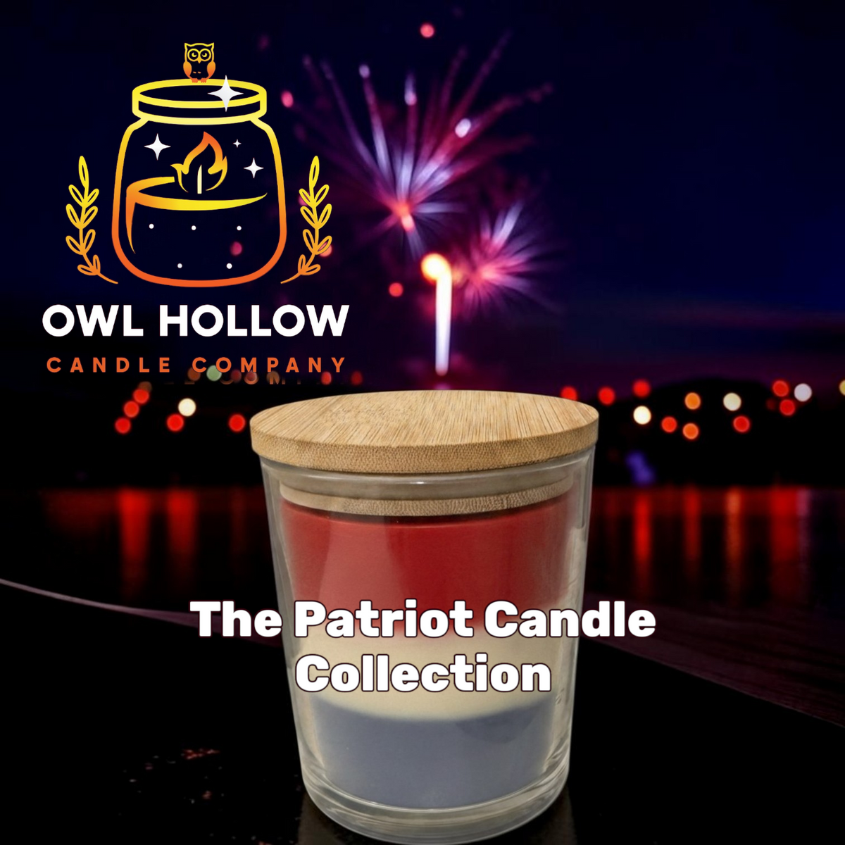 A three-layered candle in a clear glass jar with a bamboo lid, featuring red, white, and blue wax layers. 
