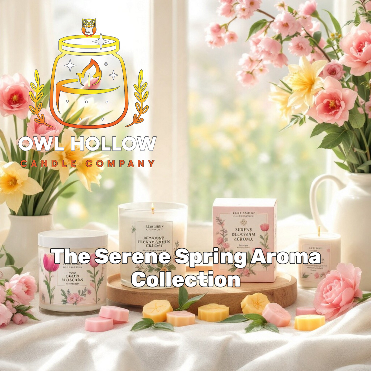 Serene Spring Aroma Collection by Owl Hollow Candle Company, featuring candles and pastel wax melts surrounded by pink and yellow flowers.