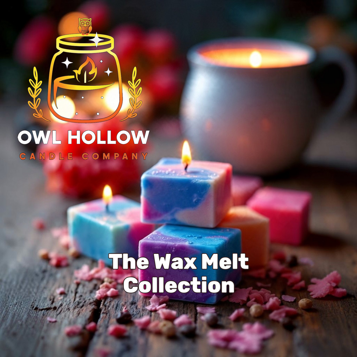 Colorful pink, blue, and purple wax cubes on a rustic wooden surface with glowing candles and Owl Hollow Candle Company Wax Melt Collection branding.
