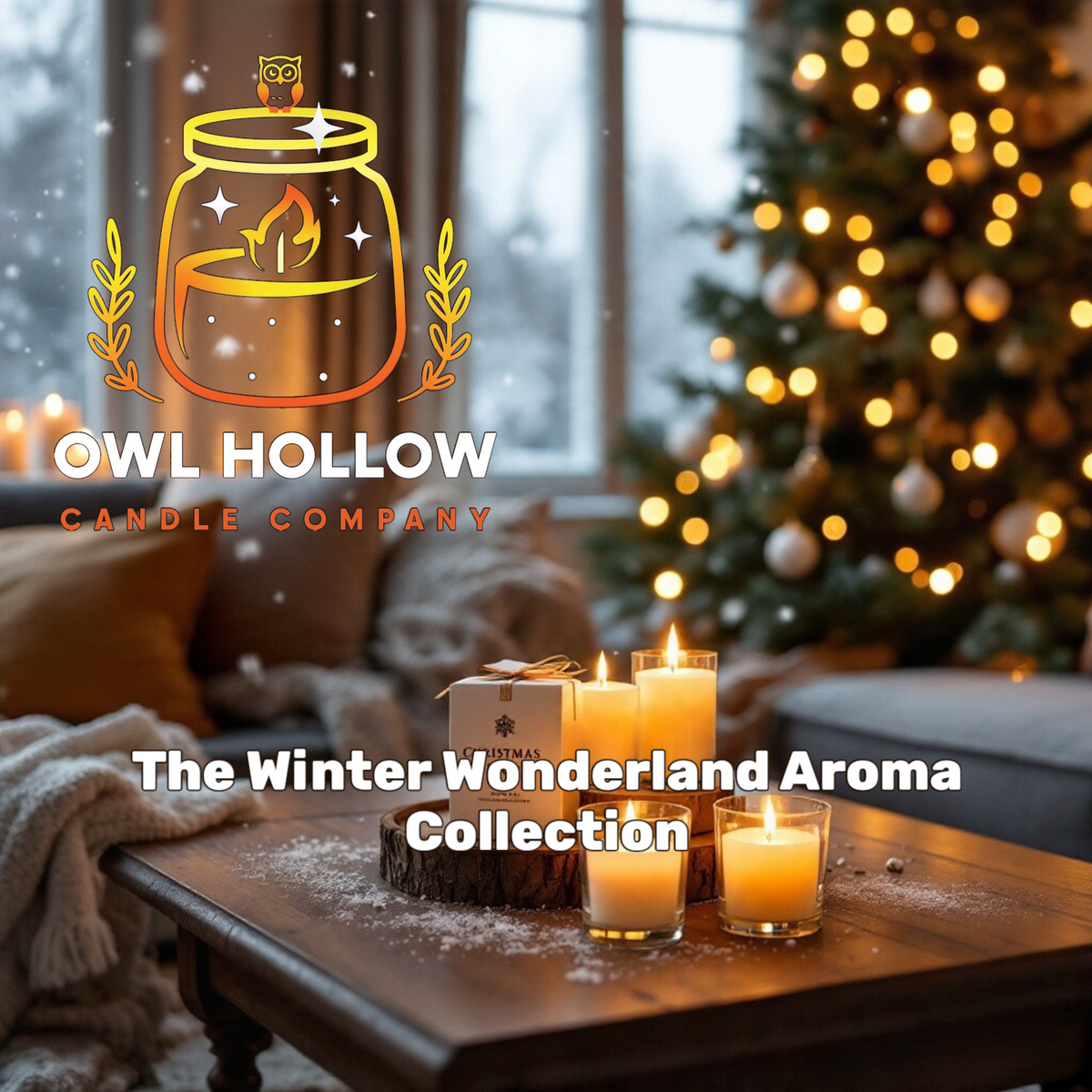 Winter Wonderland Aroma Collection by Owl Hollow Candle Company, featuring glowing candles on a wooden table beside a decorated Christmas tree.