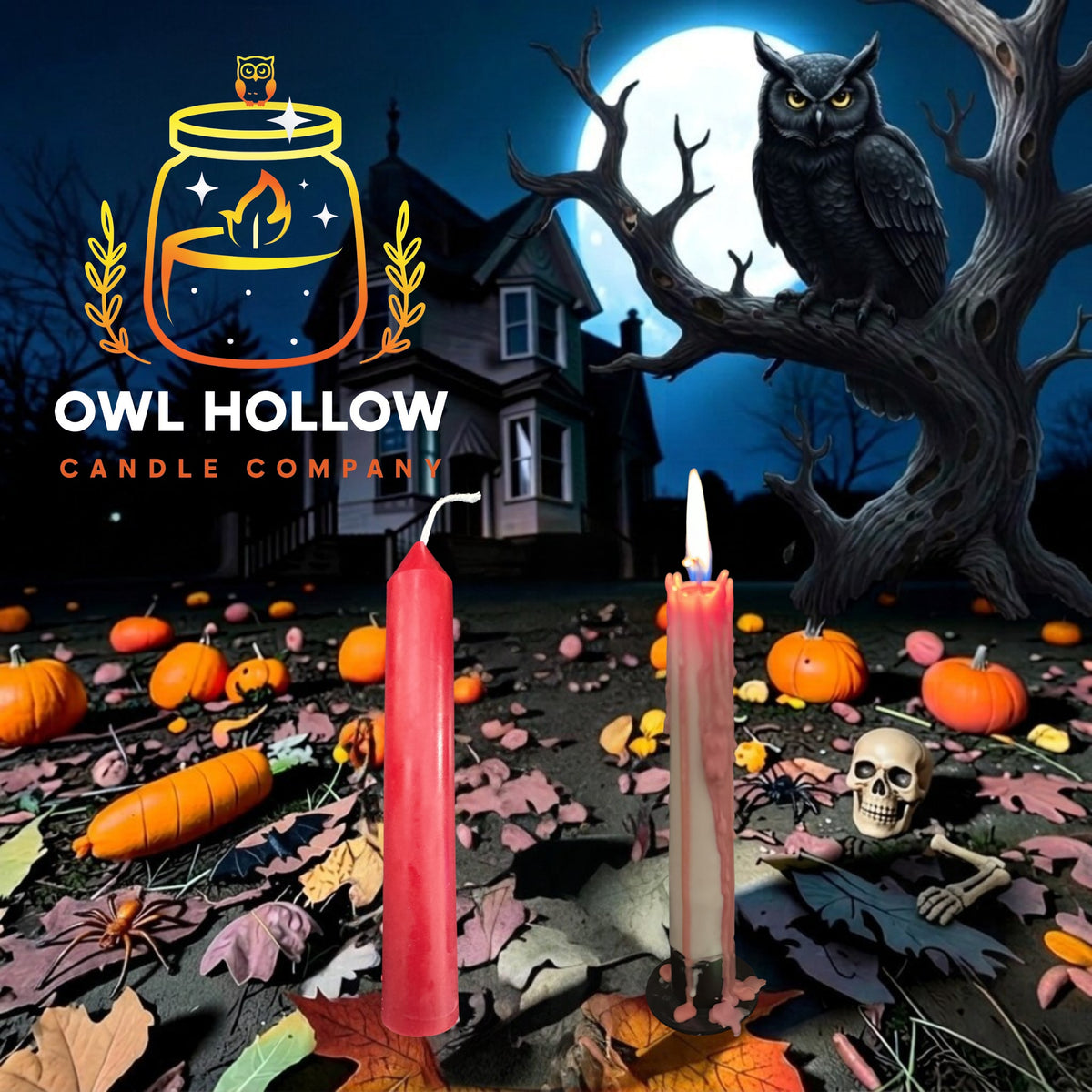 Two Halloween taper candles, one unlit red and one burning with red wax drips, displayed against a moonlit backdrop with pumpkins and an owl.