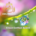 Owl Hollow Candle Company Clean Cotton scent graphic featuring water droplets on a green stem against a colorful blurred background.