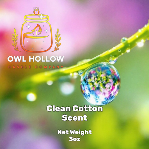 Owl Hollow Candle Company Clean Cotton Scent label featuring a water droplet on a green stem, with a net weight of 3 oz.