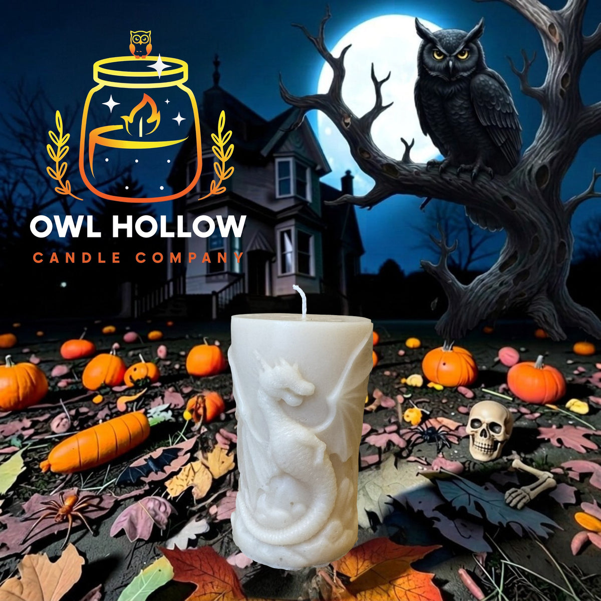 Ivory pillar candle with a raised flying dragon, spread wings, and curled tail against a moonlit Halloween backdrop.