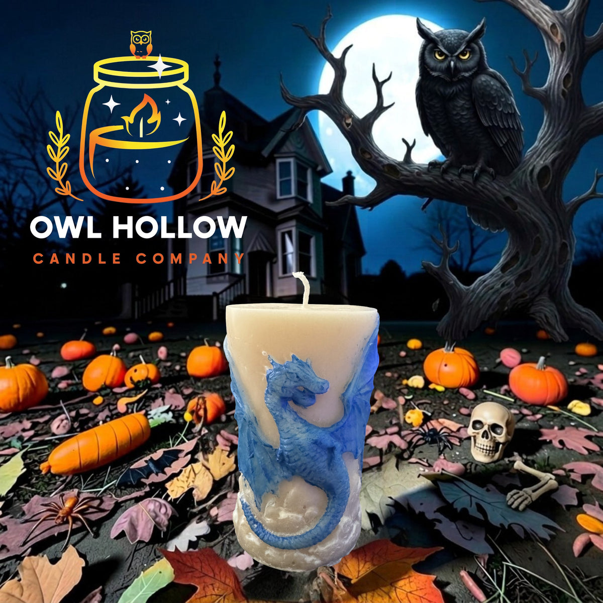 Ivory pillar candle with a blue flying dragon, spread wings, and curled tail against a moonlit Halloween backdrop.