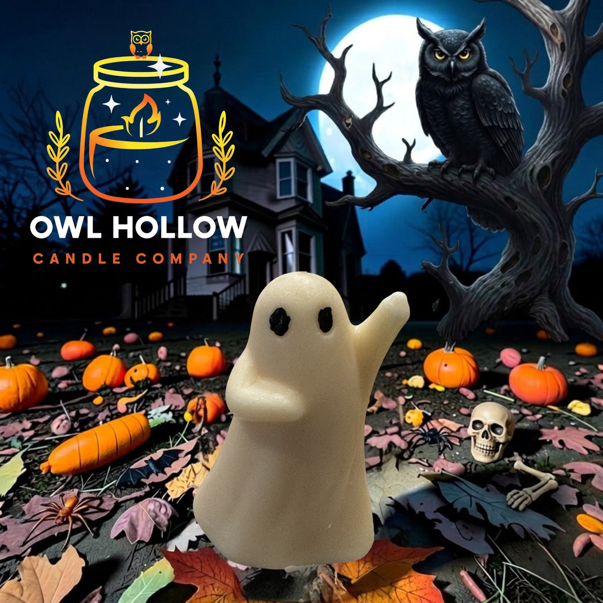 Cream-colored ghost candle with black eyes and one raised arm, displayed against a moonlit Halloween backdrop with pumpkins.