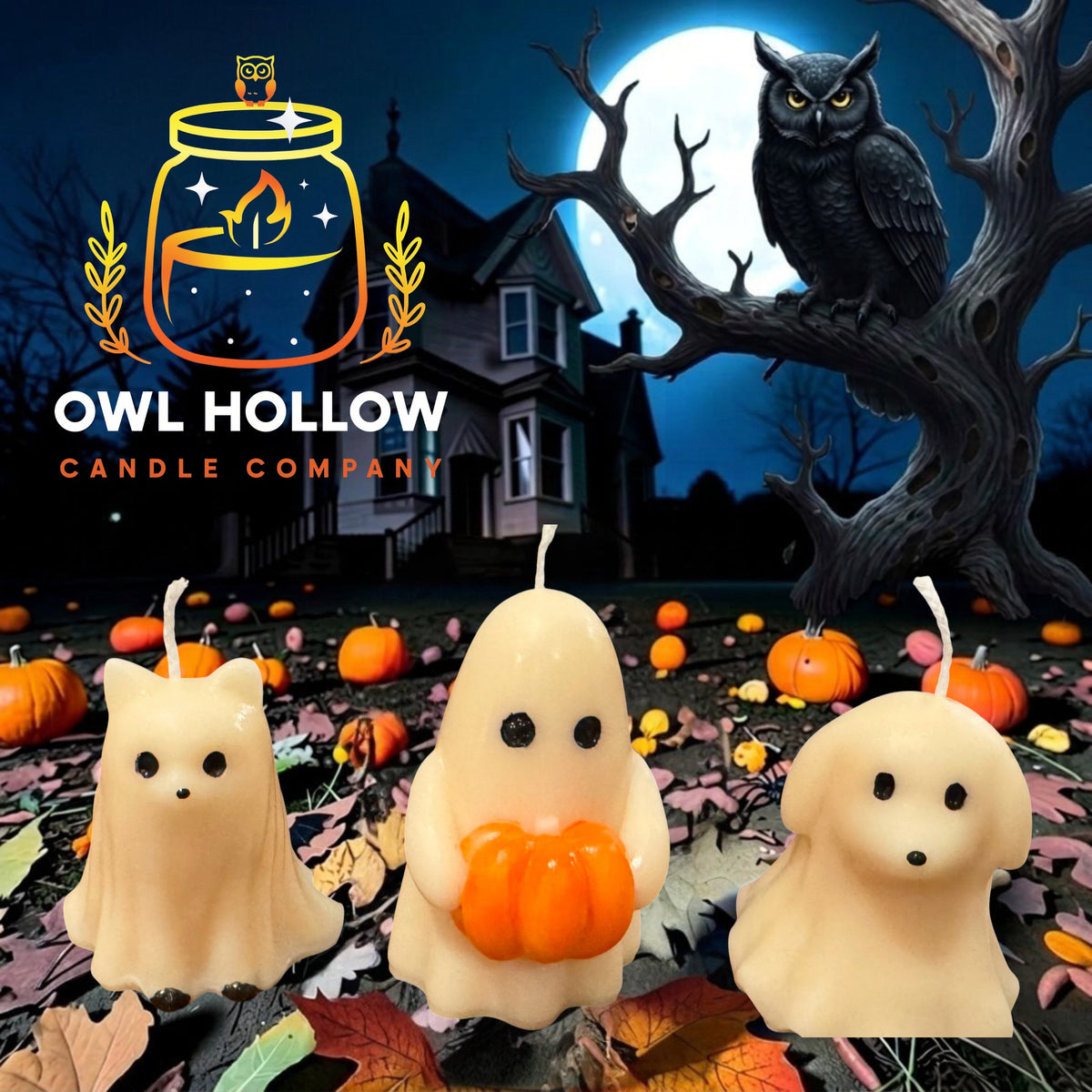 Cream-colored ghost kitty, ghost holding an orange pumpkin, and ghost puppy candles displayed against a moonlit Halloween backdrop.
