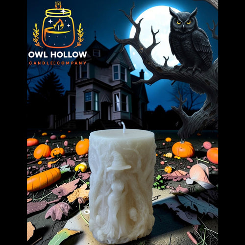 An off-white carved pillar candle featuring a witch and pumpkin design, set against a spooky Halloween night backdrop with a haunted house, full moon, owl on a tree branch, and pumpkins. The 'Owl Hollow Candle Company' logo is visible in the top left corner.