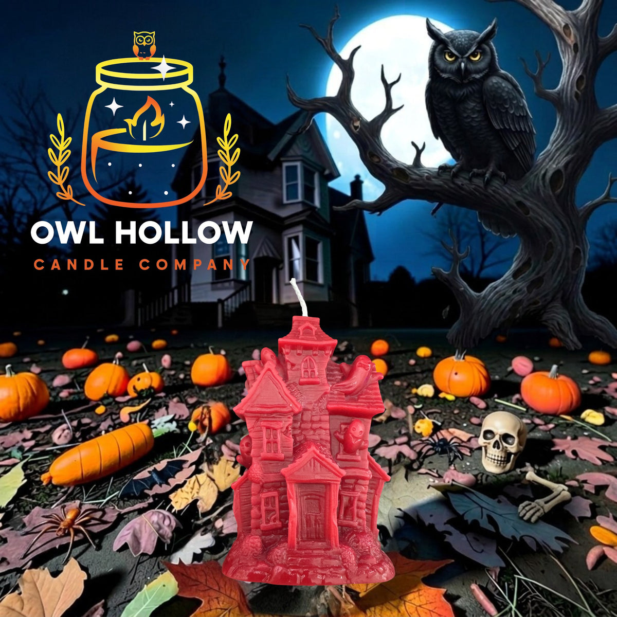 Blood red haunted house candle with detailed windows, peaked roofs, and a front door, displayed against a moonlit Halloween backdrop.