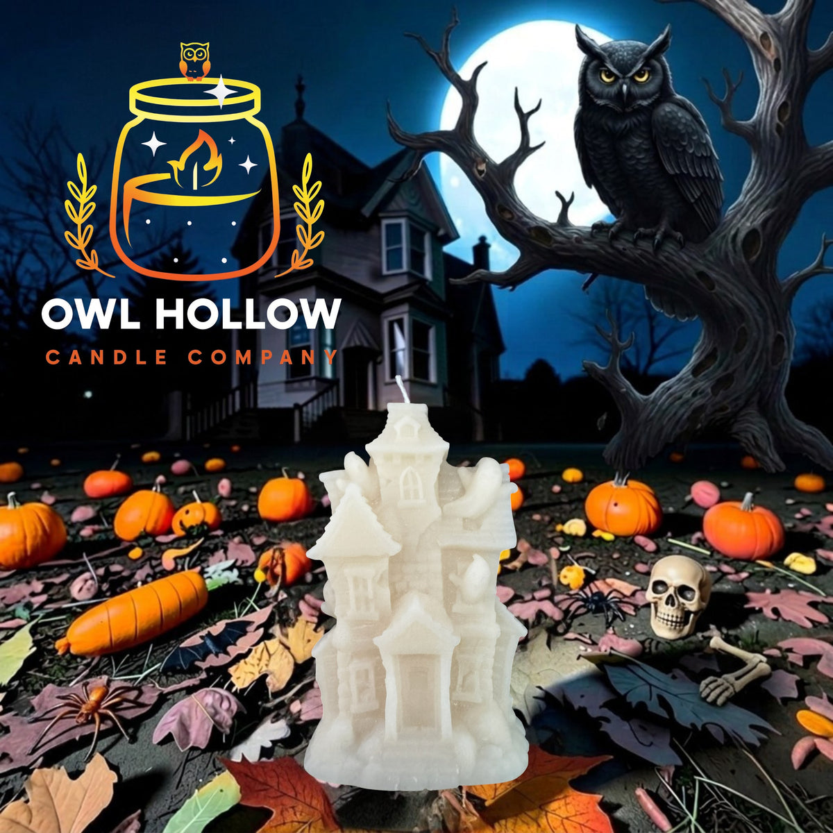 Bone white haunted house candle with detailed windows, peaked roofs, and a front door, displayed against a moonlit Halloween backdrop.