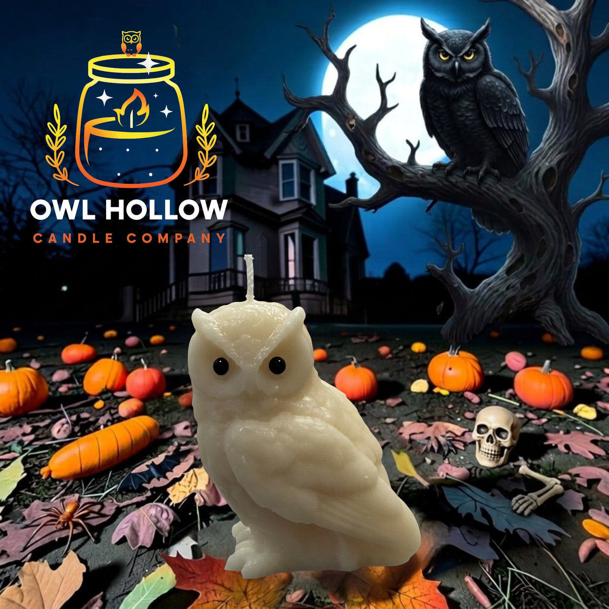 Cream-colored Hootie McFlicker owl candle with black eyes, surrounded by autumn leaves and pumpkins in a moonlit Halloween scene.