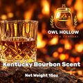 Glass of bourbon against a warm amber background, with Kentucky Bourbon Scent, Net Weight 15 oz, and Owl Hollow Candle Company branding.