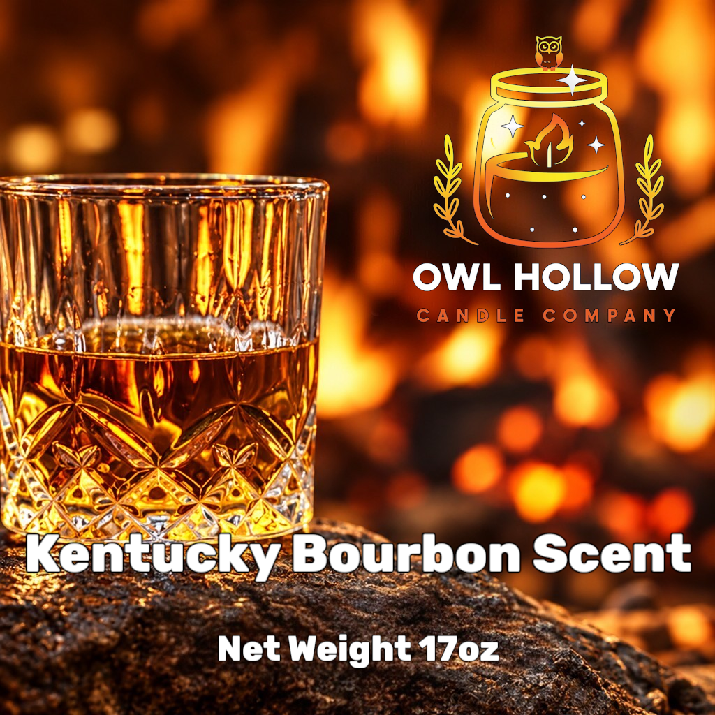 Glass of bourbon against a warm amber background, with Kentucky Bourbon Scent, Net Weight 17 oz, and Owl Hollow Candle Company branding.