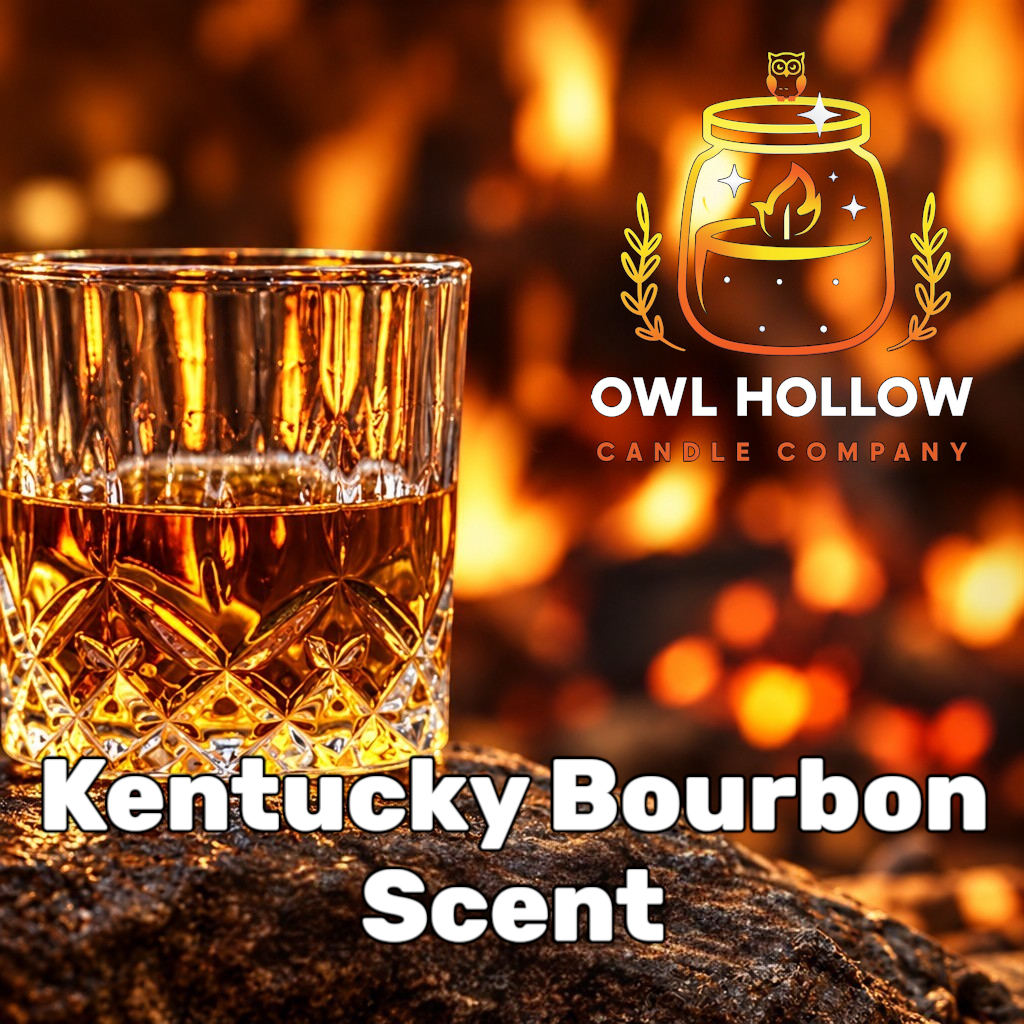 Glass of bourbon against a warm amber background, with Kentucky Bourbon Scent text and Owl Hollow Candle Company branding.