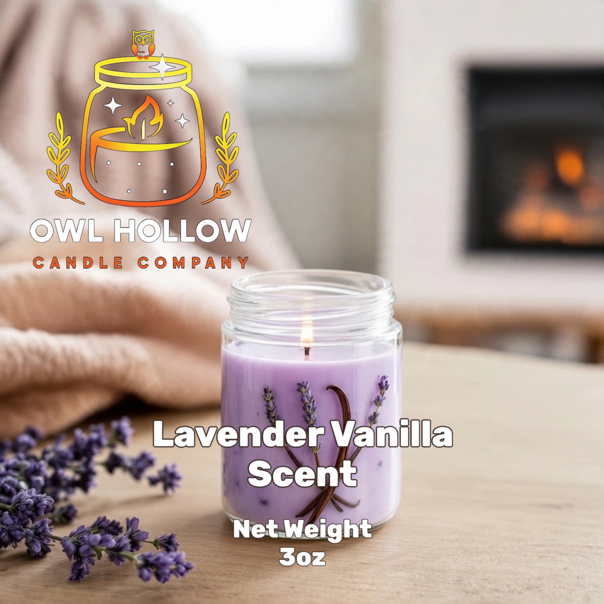 Owl Hollow Candle Company Lavender Vanilla Scent graphic featuring a lit purple jar candle beside lavender sprigs, labeled net weight 3 oz.