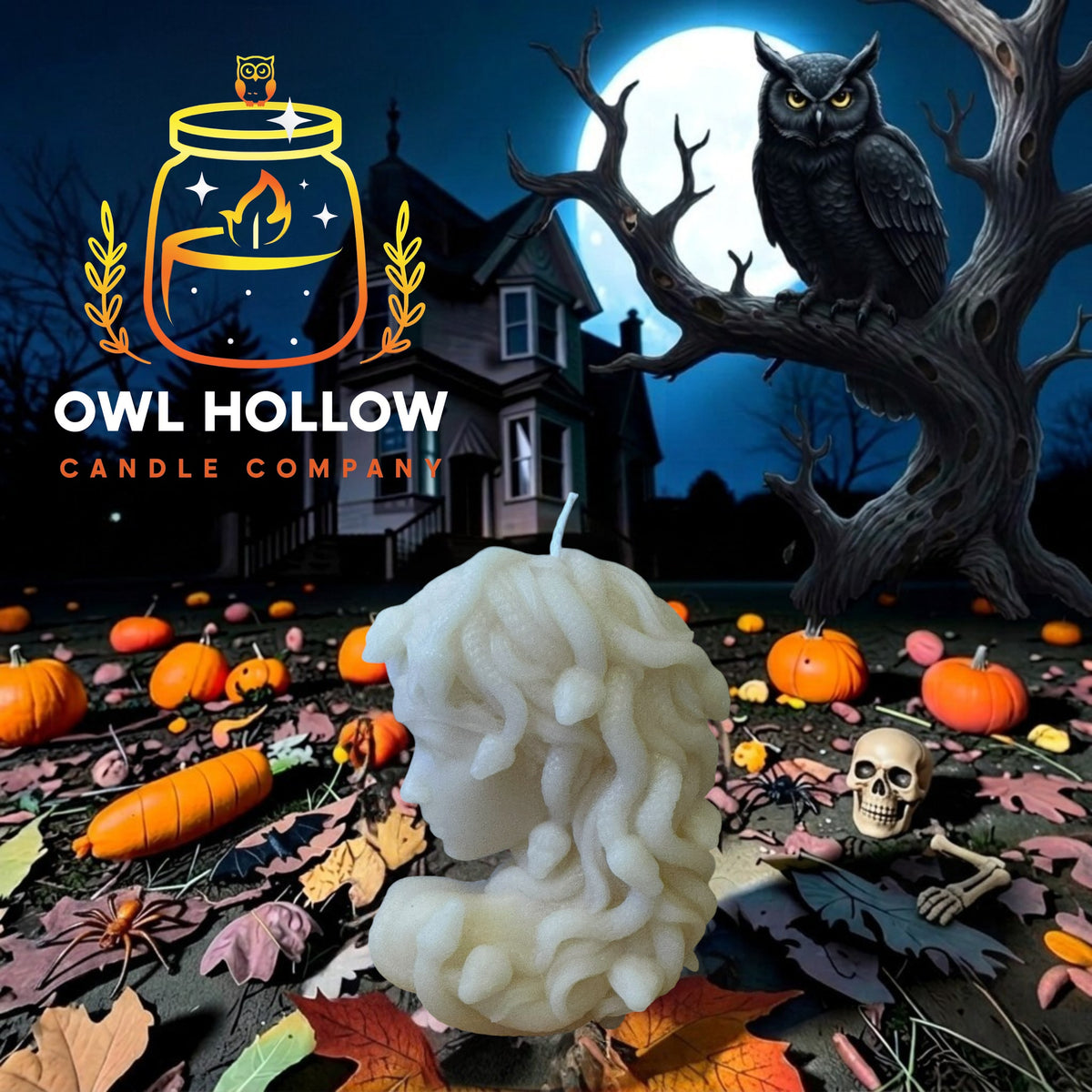 An Bone white, textured wax candle shaped like a stylized face is displayed in a spooky Halloween scene with pumpkins, autumn leaves, a haunted house, and a large owl on a tree branch under a full moon.