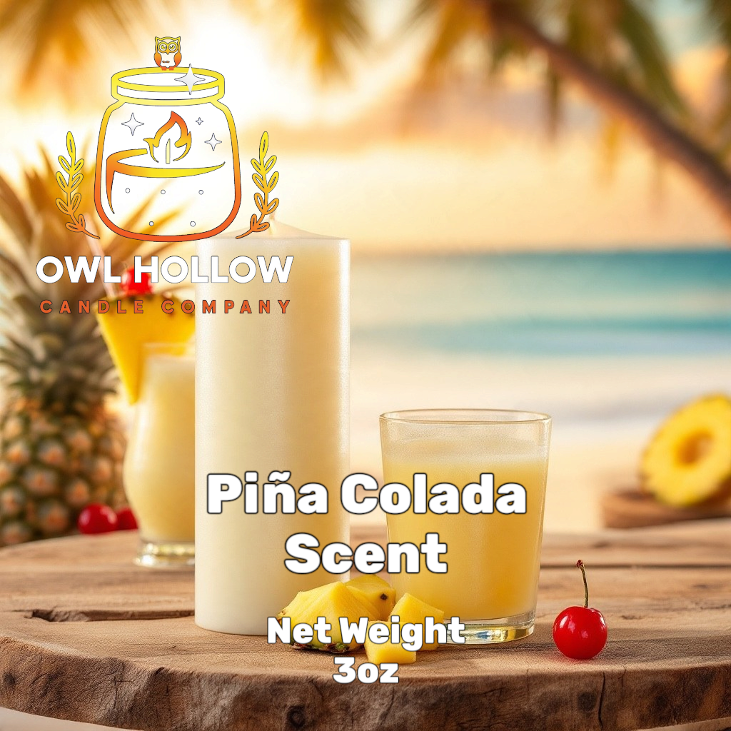 Owl Hollow Candle Company Piña Colada Scent graphic featuring tropical drinks, pineapple, and cherries against a beach backdrop, labeled net weight 3 oz.