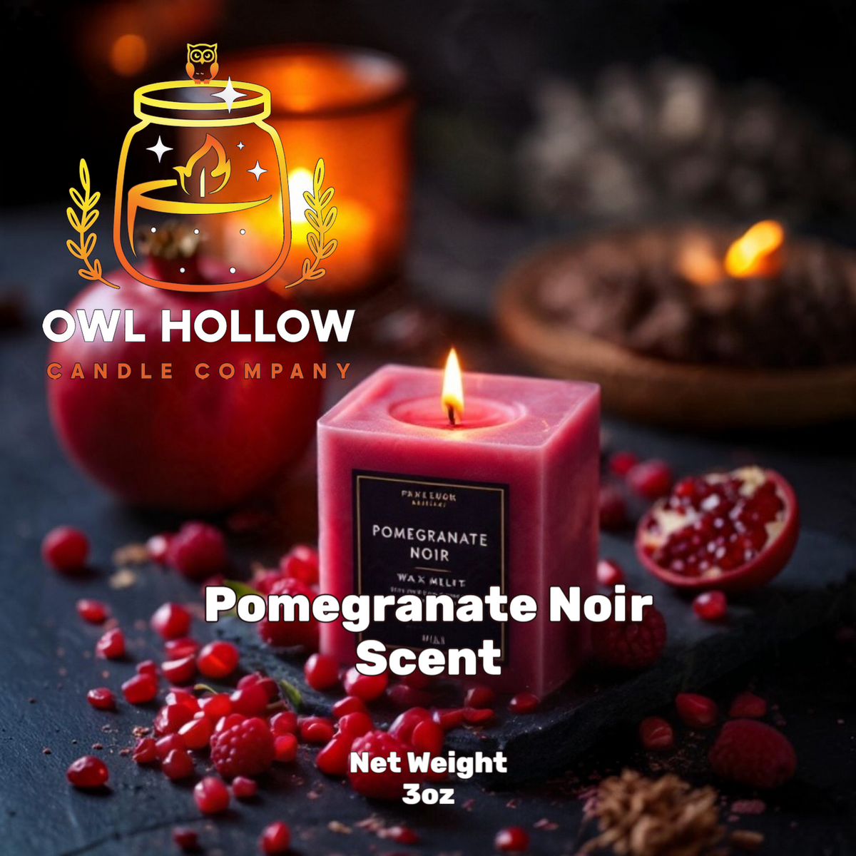 Owl Hollow Candle Company Pomegranate Noir Scent graphic featuring a lit pink square candle, pomegranate halves, and scattered seeds, labeled net weight 3 oz.