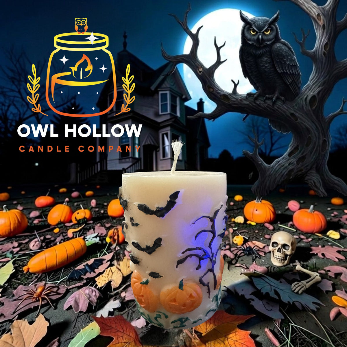 Ivory Halloween pillar candle with orange jack-o’-lanterns, black bats, and a bare tree against a moonlit owl backdrop.
