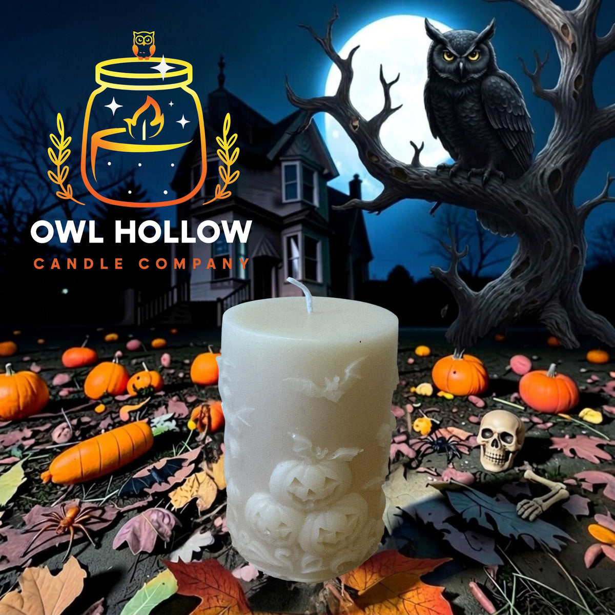 Bone white pillar candle with sculpted jack-o’-lanterns and bats, displayed in a Halloween scene with pumpkins, a full moon, and an owl.