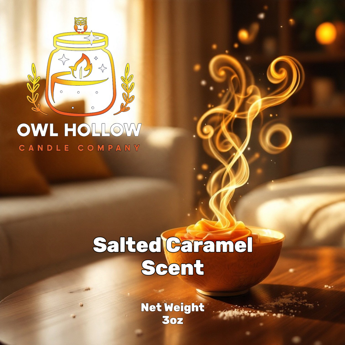 Owl Hollow Candle Company Salted Caramel Scent graphic featuring a bowl of caramel with swirling golden wisps and scattered salt, labeled net weight 3 oz.