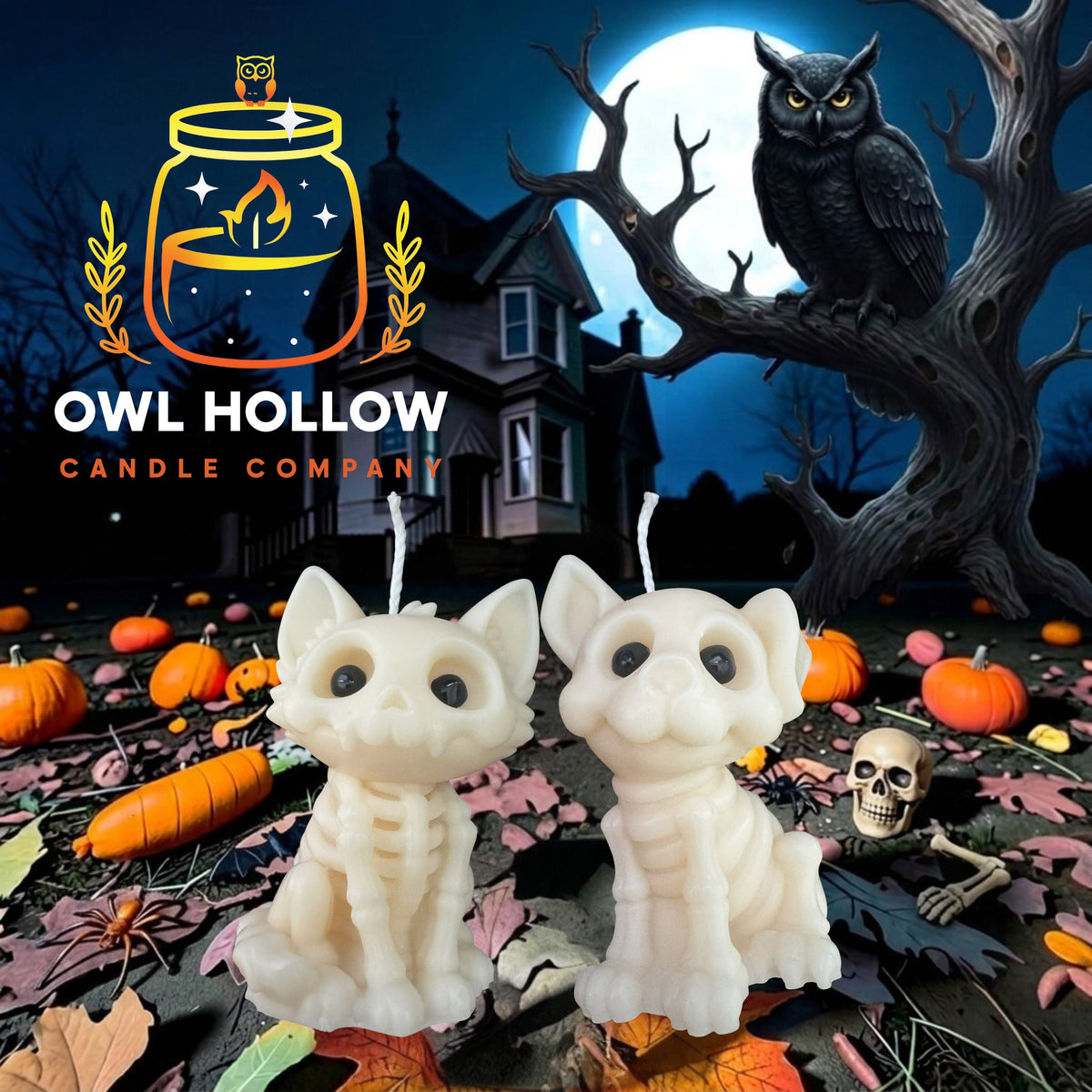 Bone white skeleton kitty and puppy candles with black eyes, displayed in a Halloween scene with pumpkins, a full moon, and an owl.