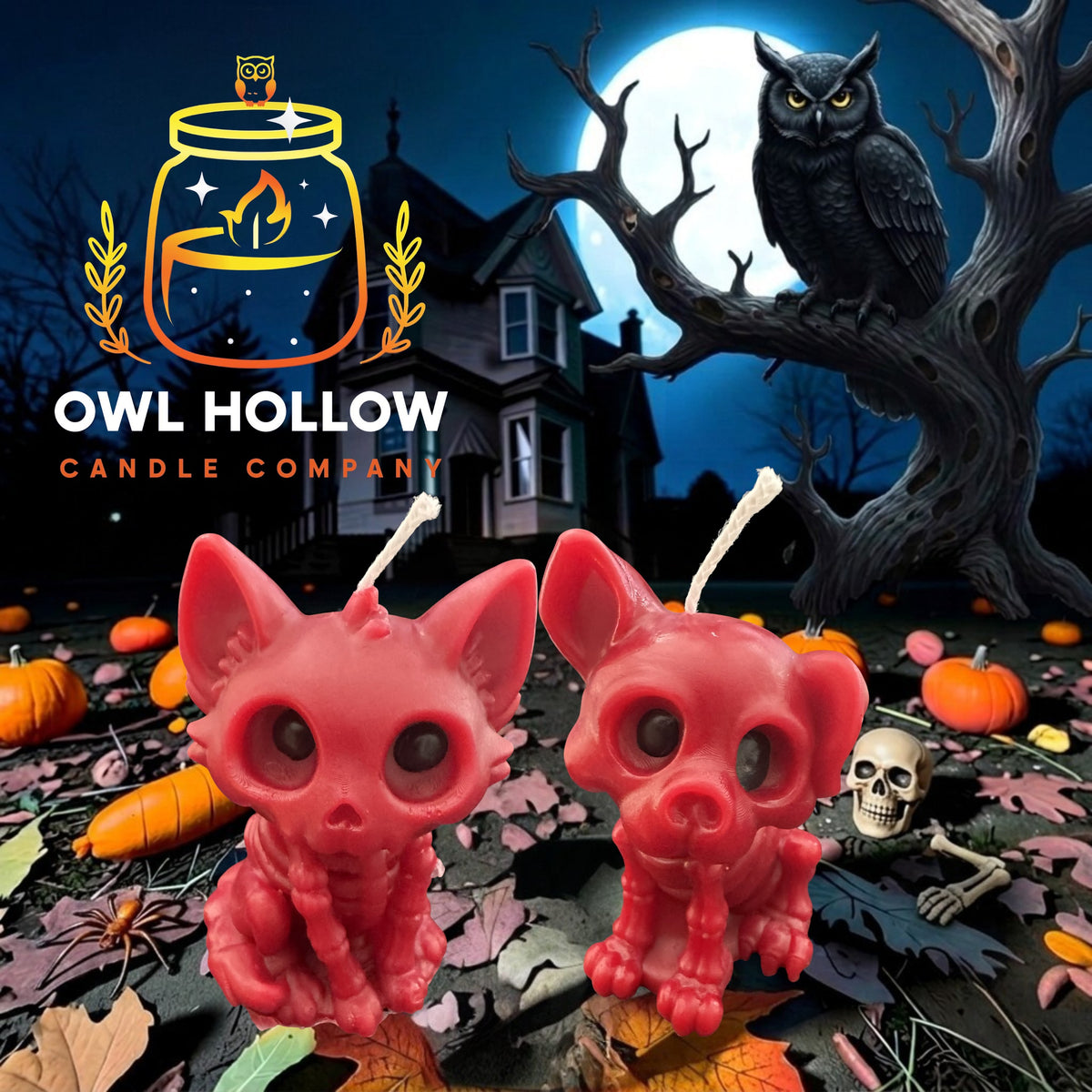 Red skeleton kitty and puppy candles with dark eyes, displayed in a Halloween scene with pumpkins, a full moon, and an owl.