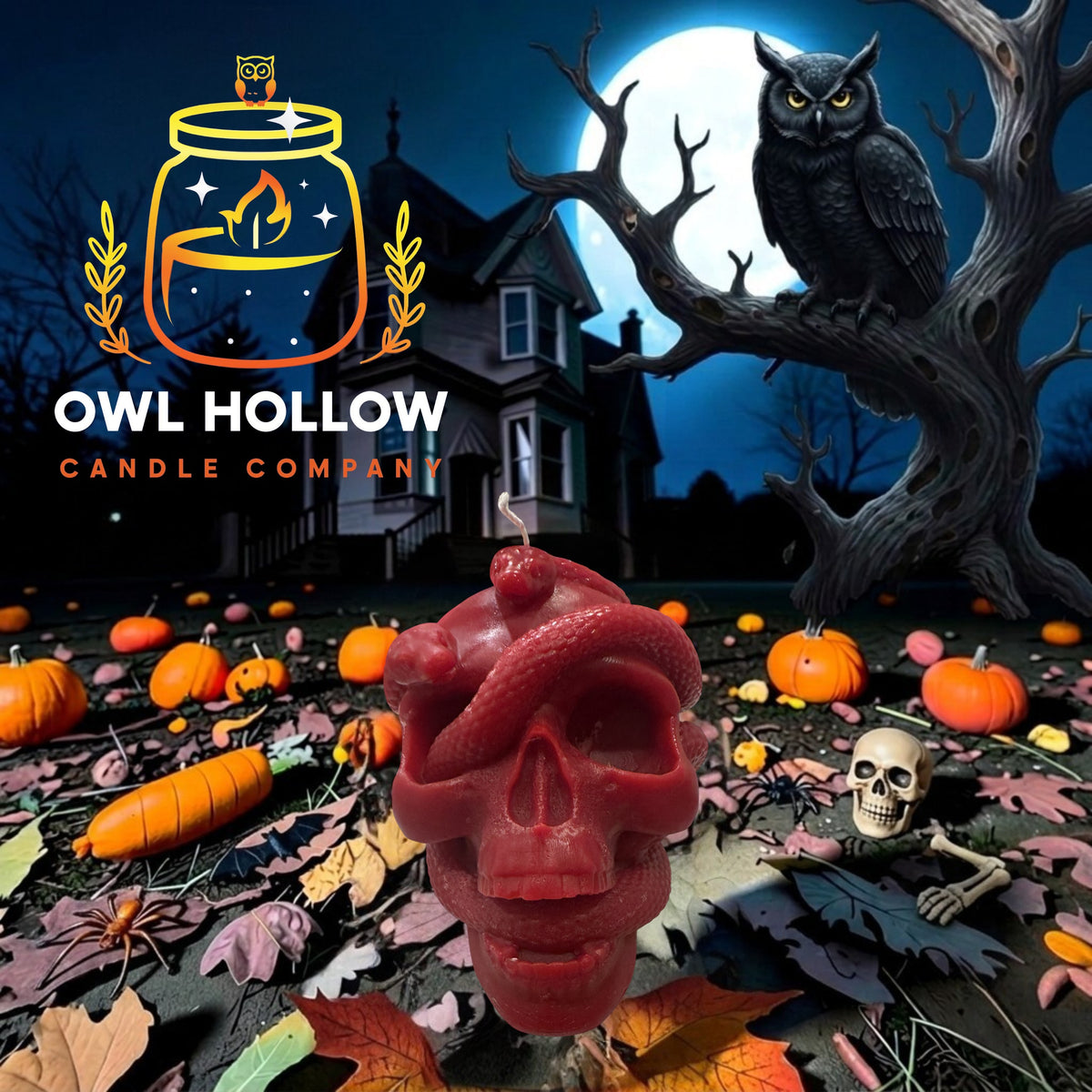 A red skull-shaped candle with a coiled snake wrapped through it, set in a Halloween-themed scene with pumpkins, autumn leaves, a haunted house, an owl on a tree branch, and a full moon.