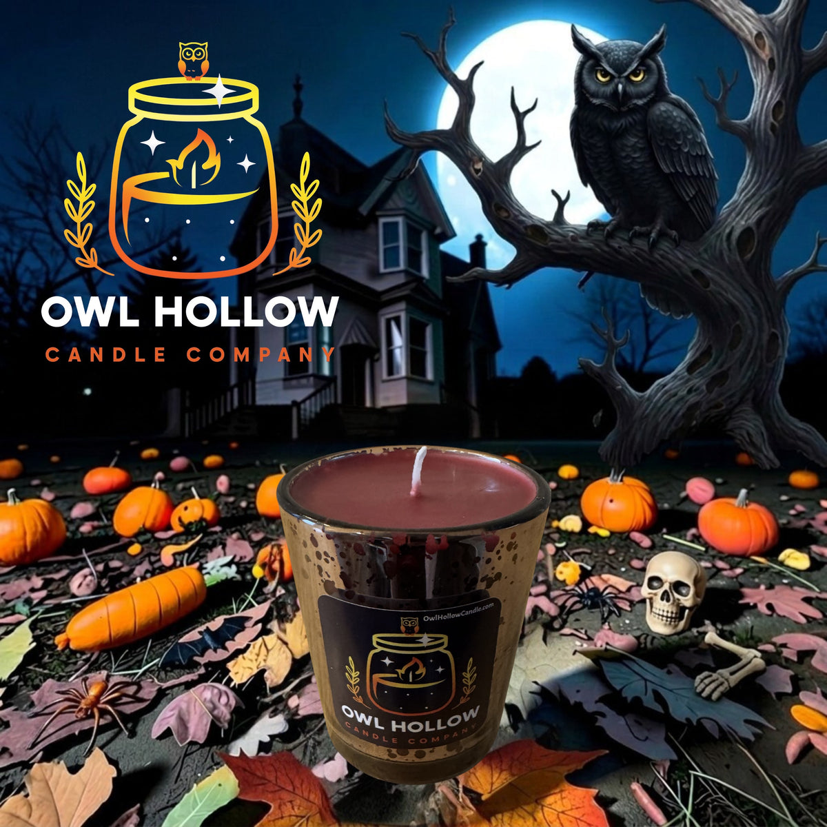 A Halloween-themed candle from Owl Hollow Candle Company in a speckled gold glass jar, set against a spooky haunted house background with a full moon, an owl on a tree branch, and pumpkins scattered around.