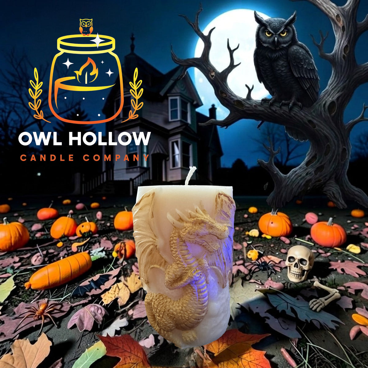 Ivory pillar candle with a gold-accented winged dragon and curled tail, displayed against a moonlit Halloween backdrop.