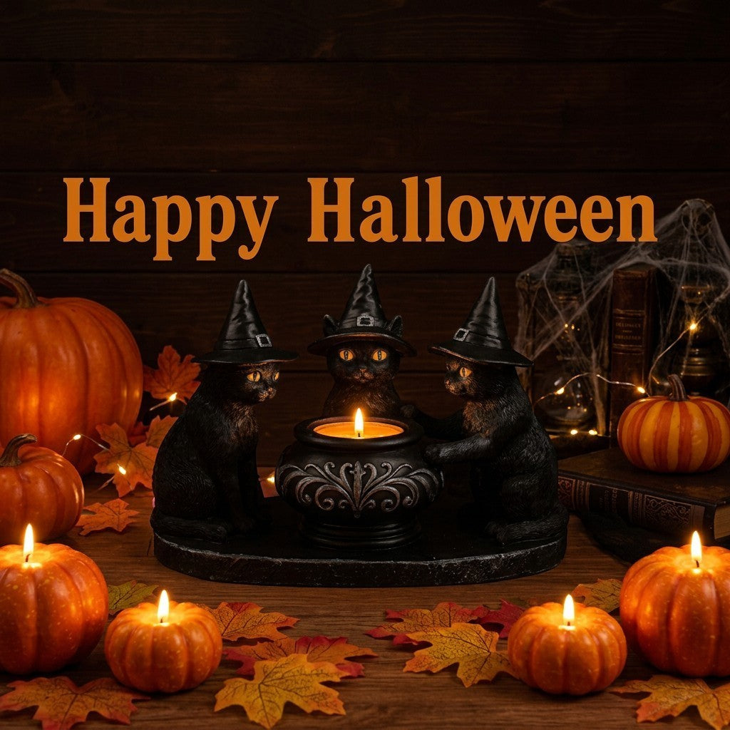 Three black cat figurines wearing witch hats sit around a small lit candle holder on a wooden surface, with pumpkins, autumn leaves, and warm string lights in the background.
