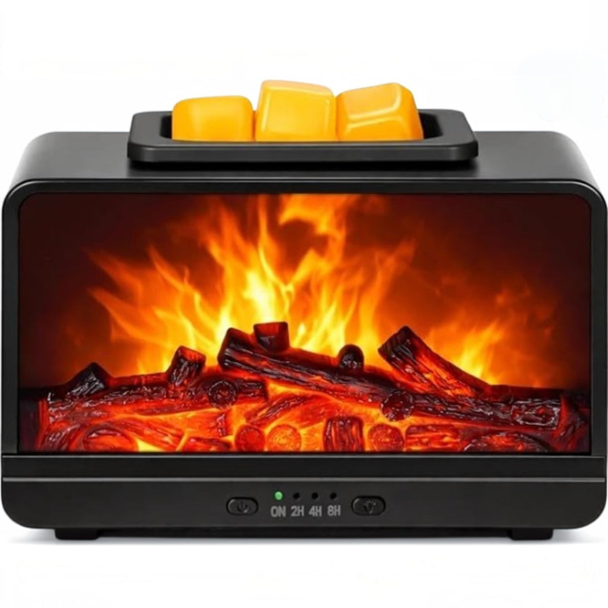 Black rectangular fireplace wax warmer with glowing logs, an orange flame display, and three yellow wax cubes in the top tray.