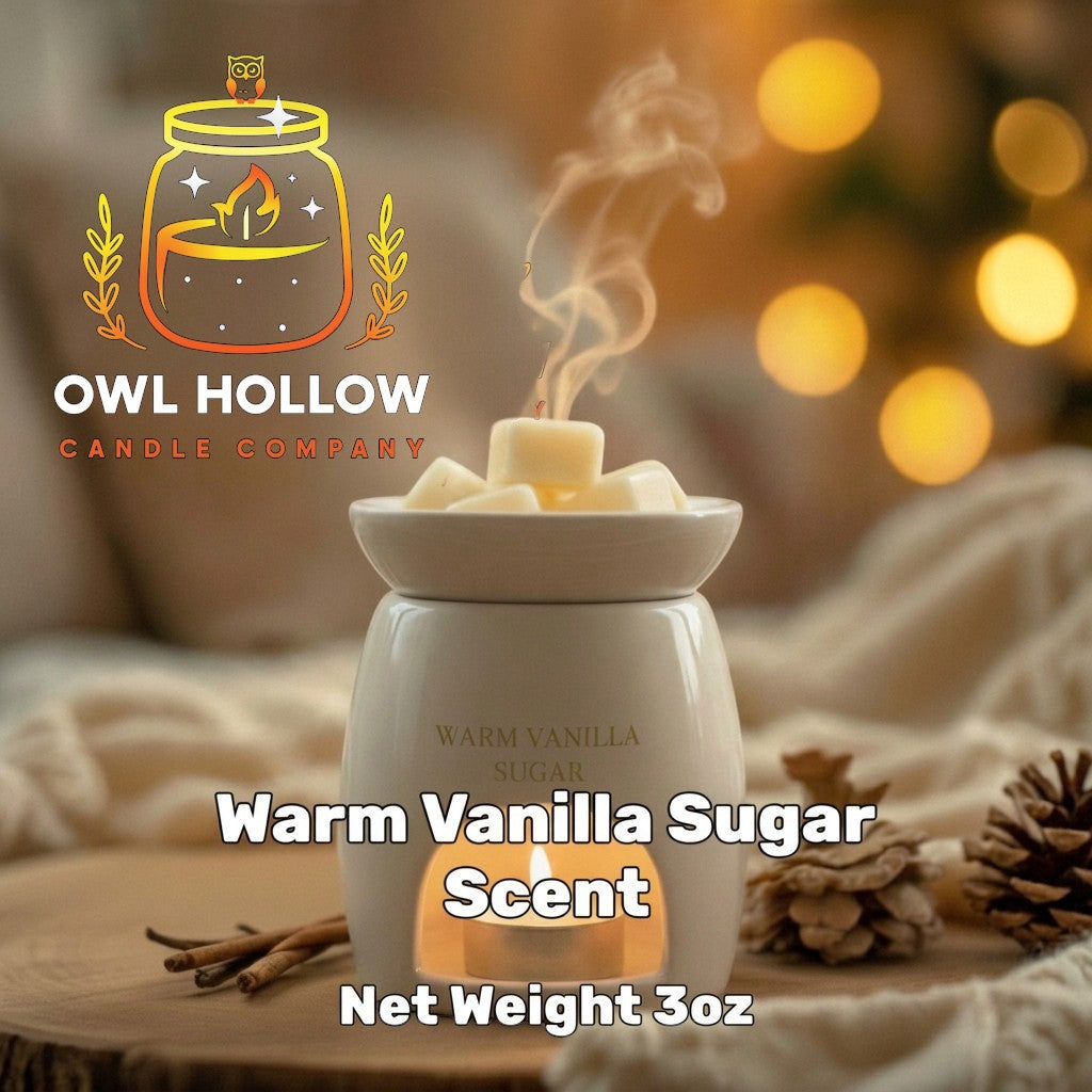 Warm Vanilla Sugar wax melts in a white ceramic warmer, with pine cones, Owl Hollow Candle Company branding, and text stating net weight 3 oz.