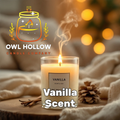 Owl Hollow Candle Company Vanilla Scent graphic featuring a lit cream-colored candle in a clear glass jar beside vanilla pods and a pinecone.