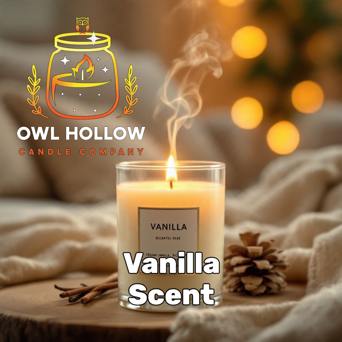 Owl Hollow Candle Company Vanilla Scent graphic featuring a lit cream-colored candle in a clear glass jar beside vanilla pods and a pinecone.