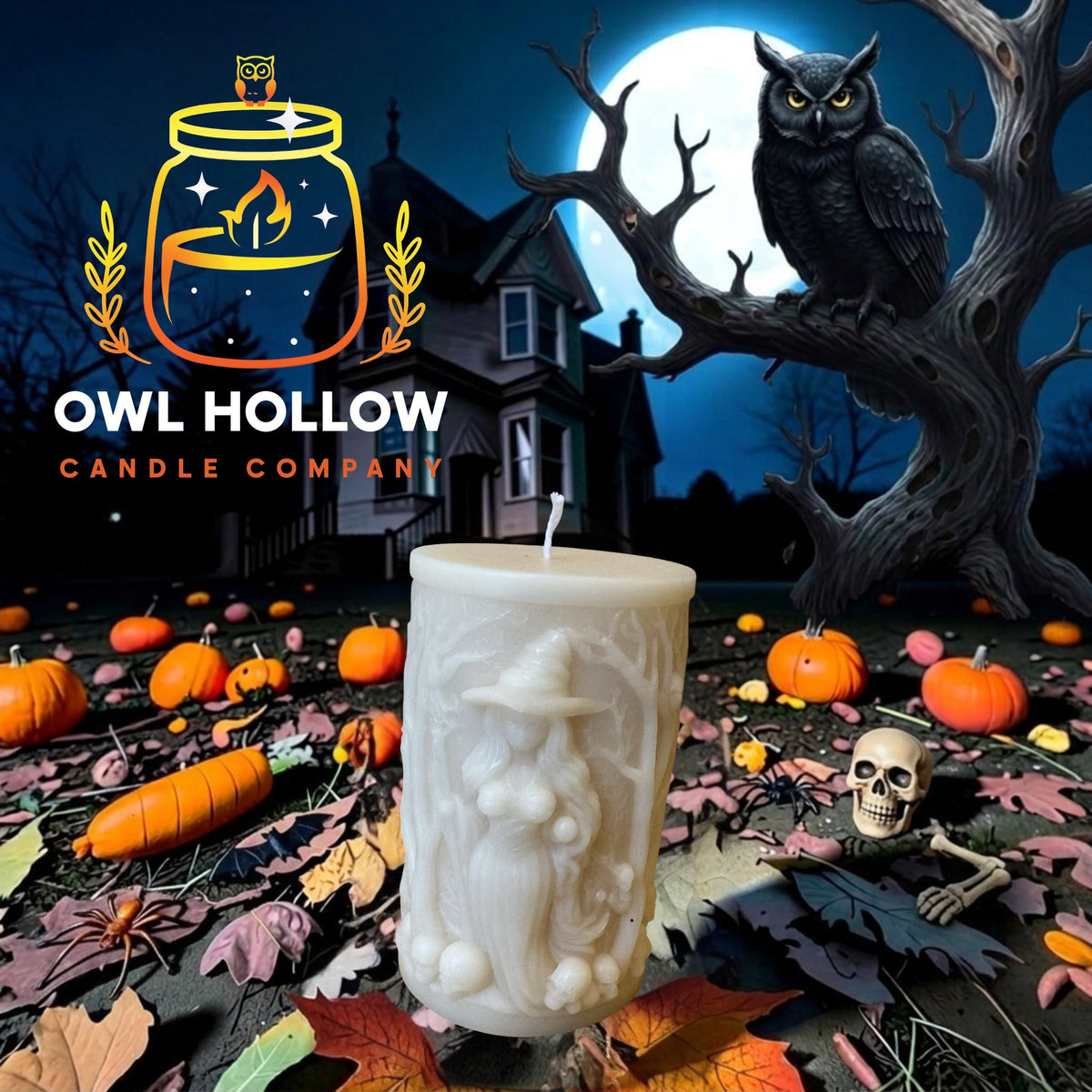 Bone-white pillar candle with a raised long-haired witch design against a Halloween backdrop with pumpkins, a haunted house, and an owl.