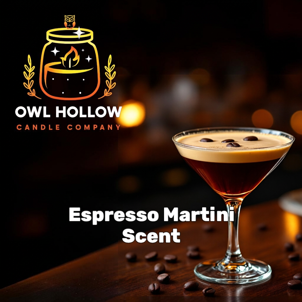 Espresso Martini scent graphic featuring a frothy espresso martini in a stemmed glass with scattered coffee beans on a wooden table and Owl Hollow Candle Company branding.