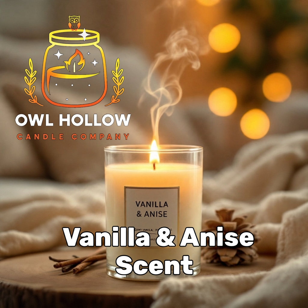 Owl Hollow Candle Company Vanilla & Anise Scent candle graphic with a lit cream-colored candle in a clear glass jar.