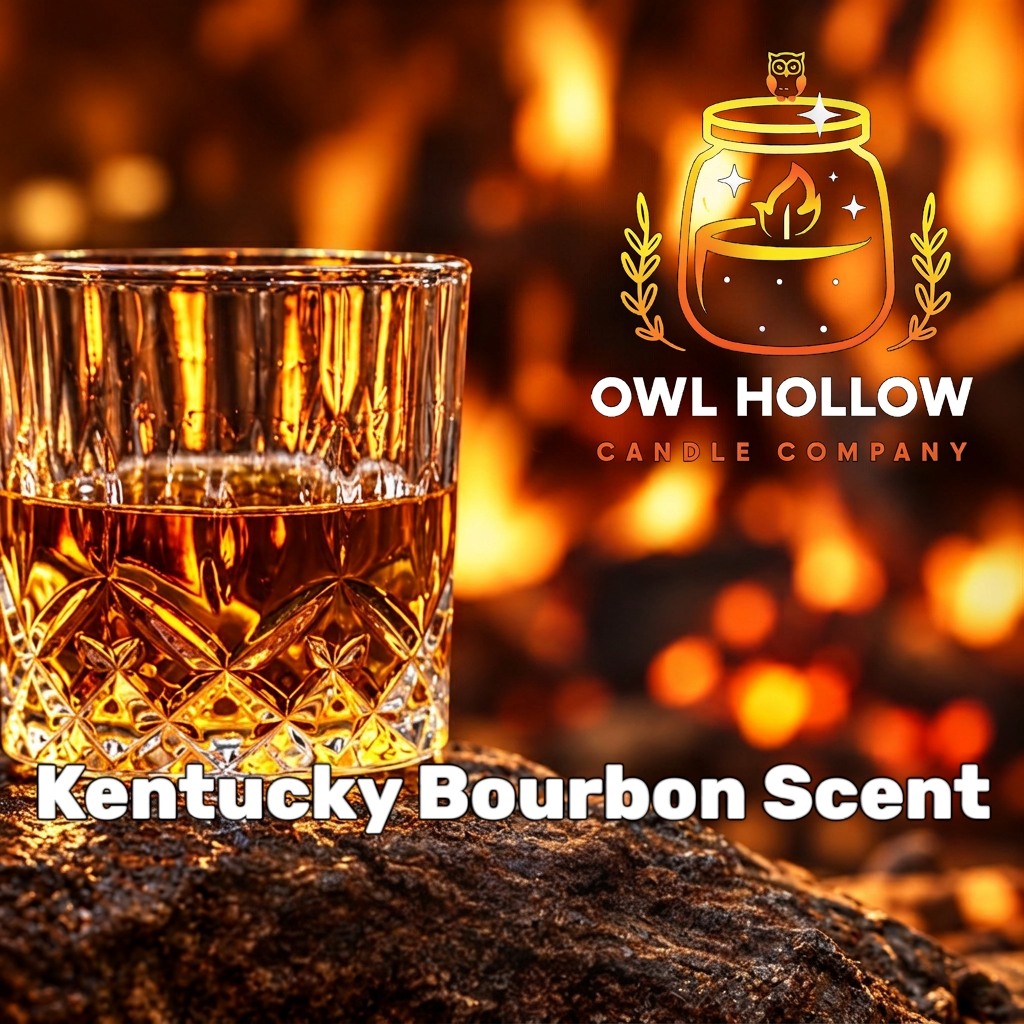Glass of bourbon against a warm amber background, with Kentucky Bourbon Scent text and Owl Hollow Candle Company branding.