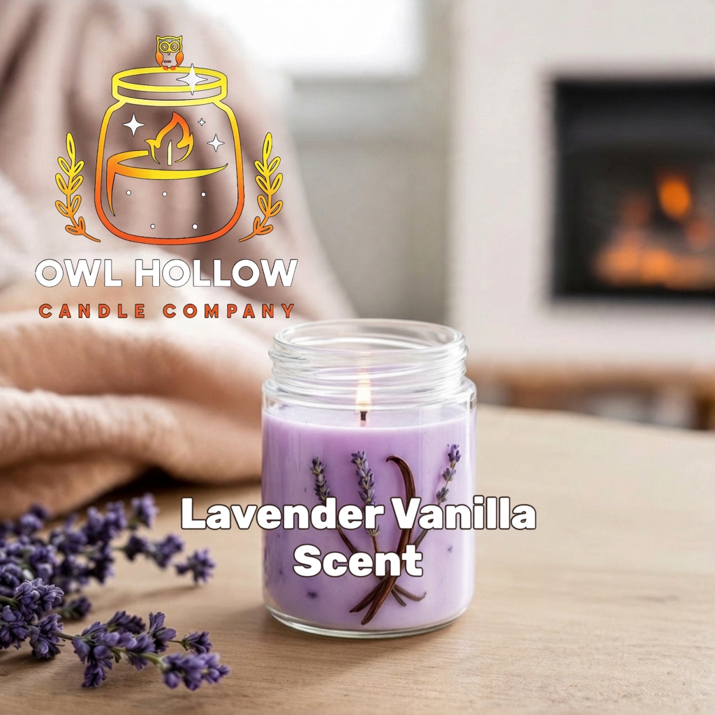Lit Lavender Vanilla candle with Lilac Lavender wax in a clear glass jar, beside lavender sprigs with a fireplace in the background and Owl Hollow Candle Company branding.
