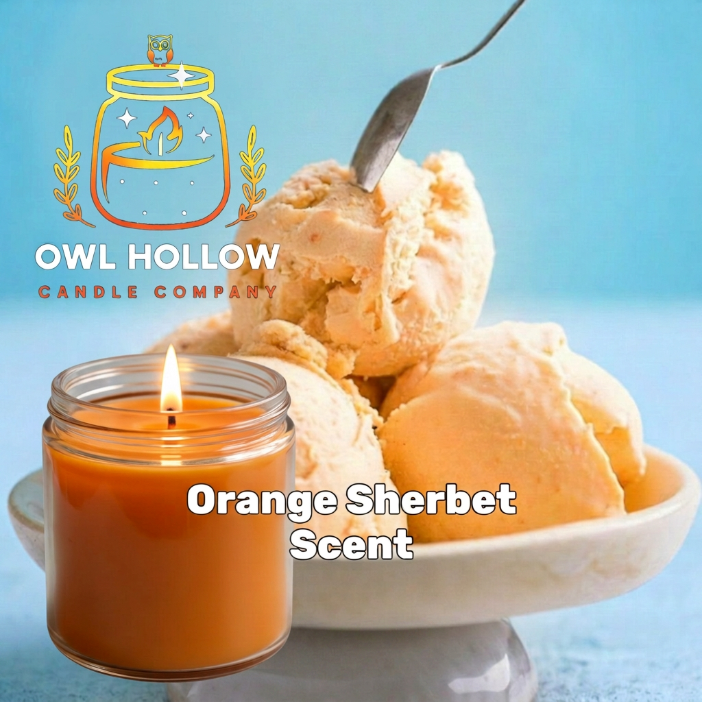 Orange Sherbet candle with orange wax in a clear glass jar beside scoops of sherbet, with the Owl Hollow Candle Company logo.