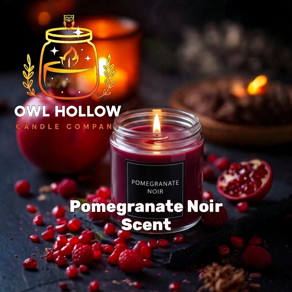 Pomegranate Noir graphic with a burgundy candle in a clear glass jar
