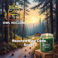 Roasted Pine Cone graphic with a lit pine-green jar candle in the woodland scene