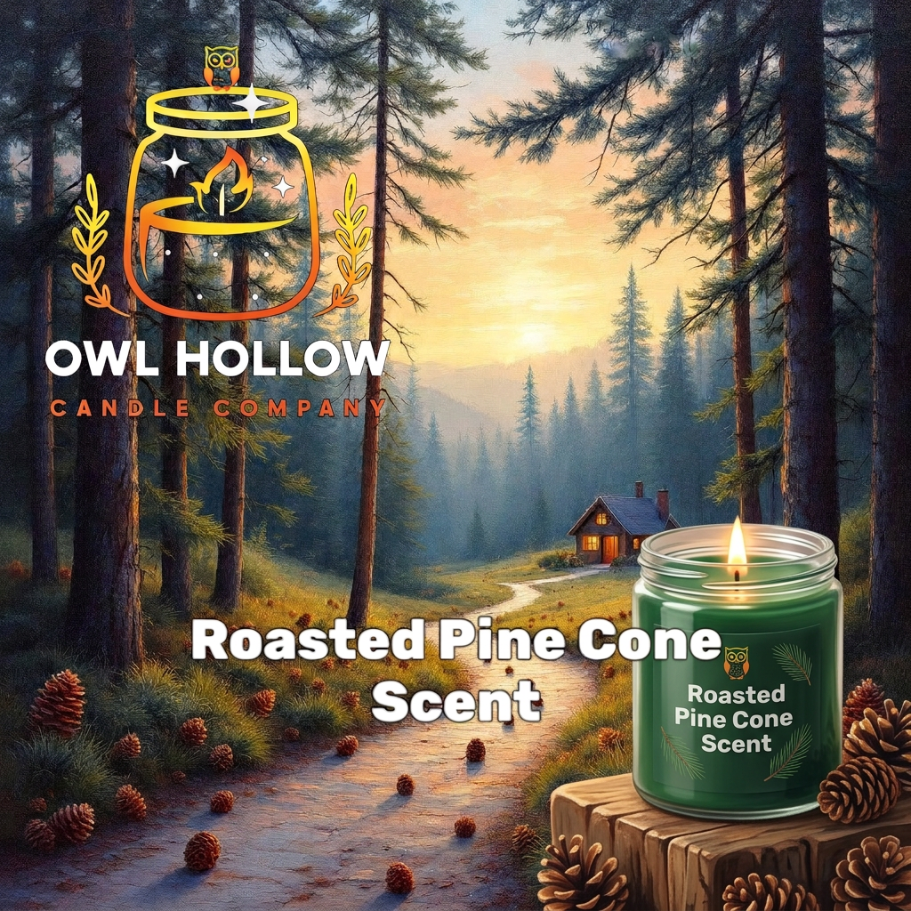 Roasted Pine Cone graphic with a lit pine-green jar candle in the woodland scene