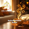 Salted Caramel candle with caramel-brown wax and a lit wick in a golden bowl, displayed on a wooden table with scattered salt and Owl Hollow Candle Company branding.