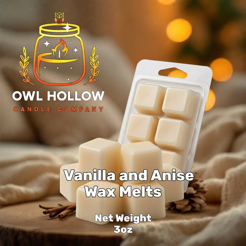 Vanilla and Anise wax melts promotional image for Owl Hollow Candle Company, net weight 3 oz.
